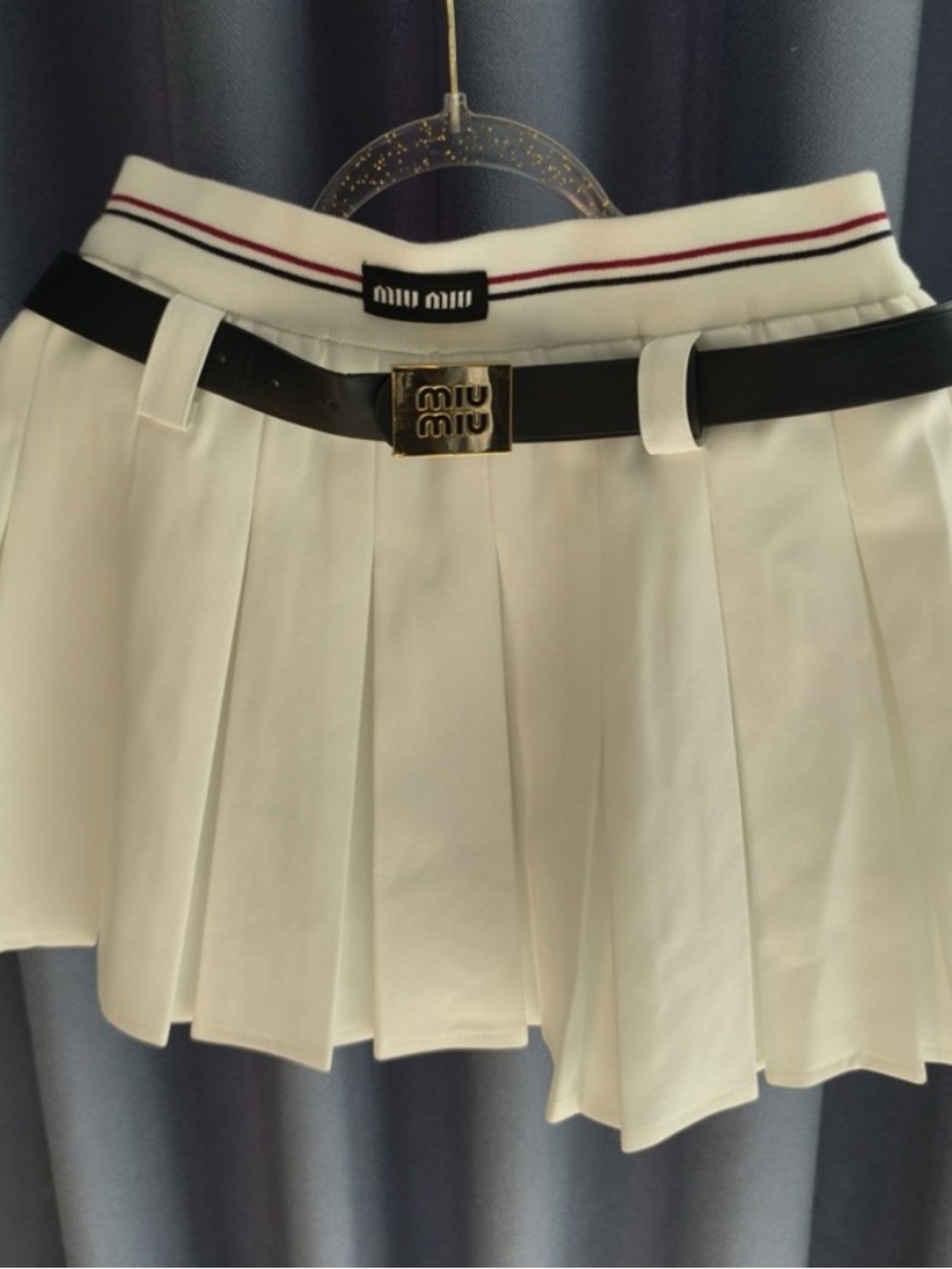 Miu Miu White Pleated Mini Skirt with Black Belt and Red-Trim Waistband